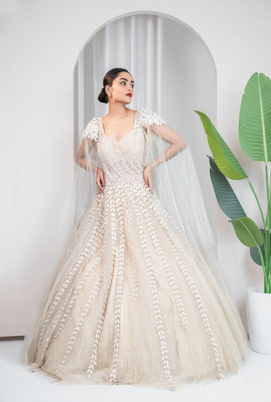 Beige Feather Embellished Gown