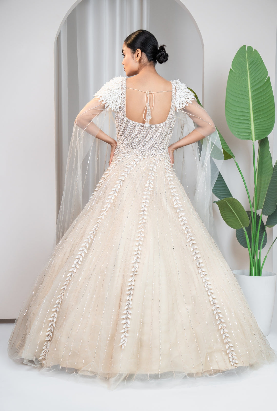 Beige Feather Embellished Gown