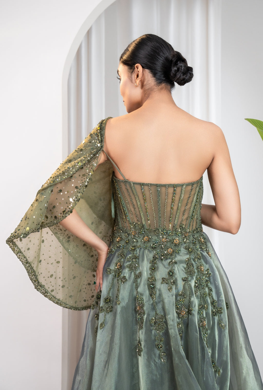 Glossy Olive One-Shoulder Corset Gown