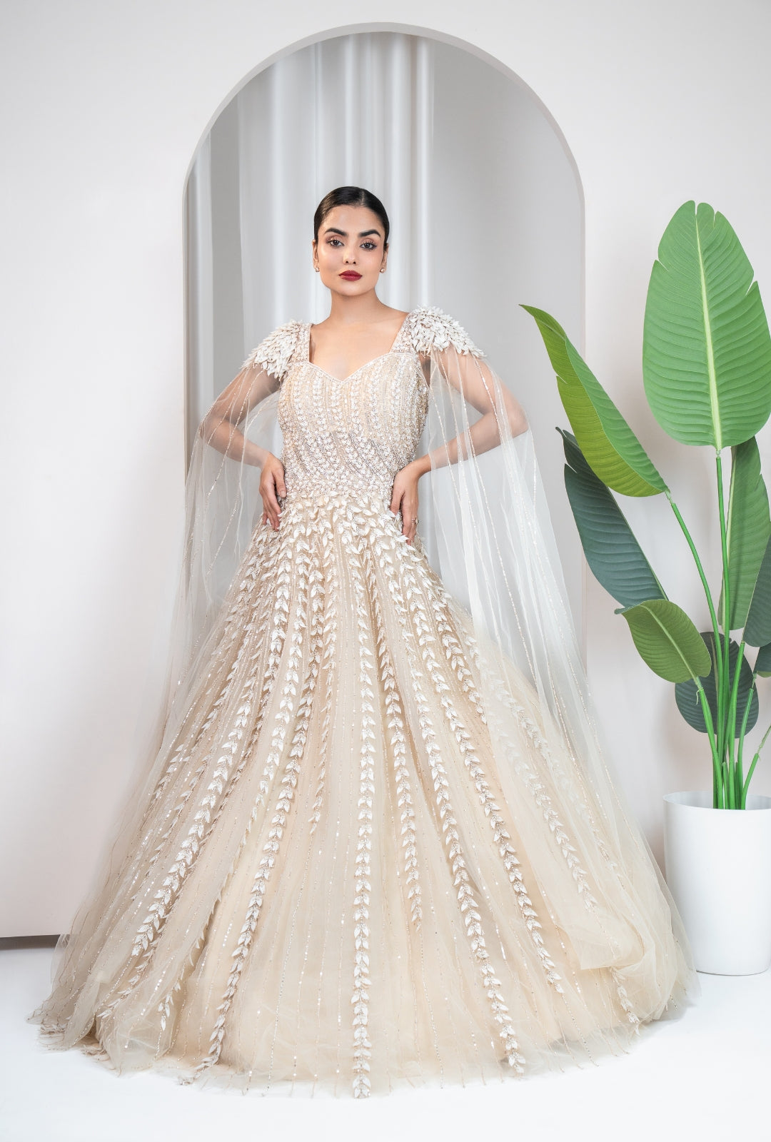 Beige Feather Embellished Gown