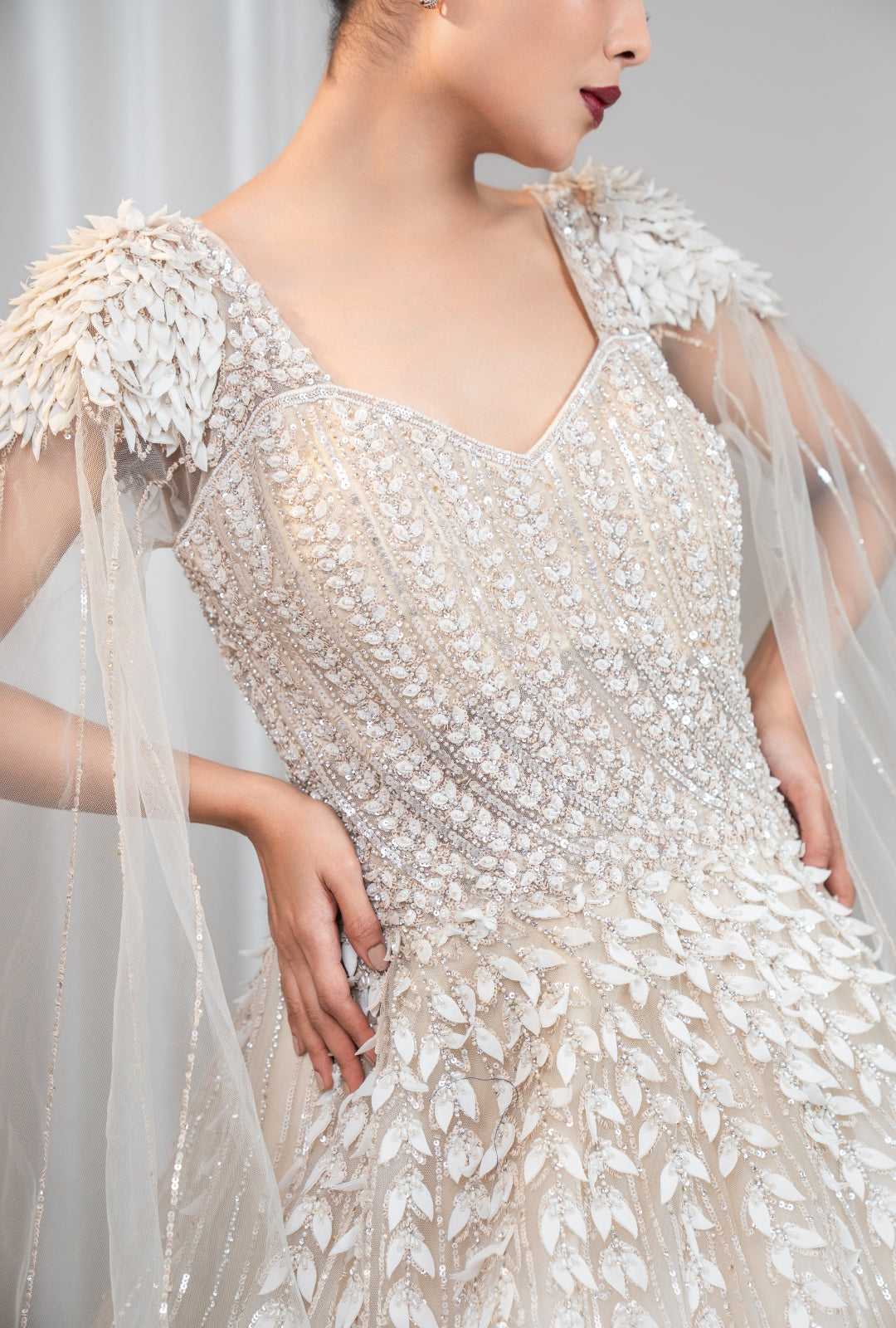 Beige Feather Embellished Gown
